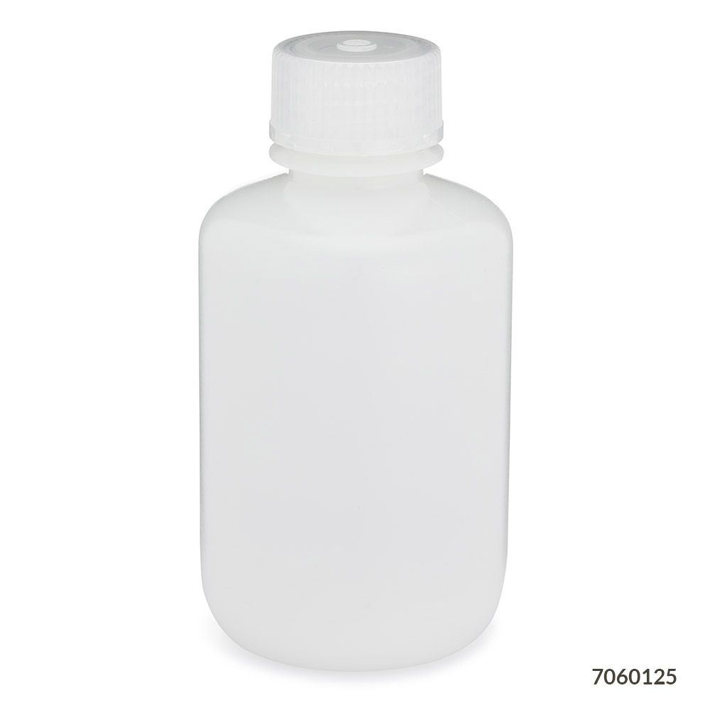 Globe Scientific Bottle, Narrow Mouth, HDPE Bottle, Attached PP Screw Cap, 125mL, 12/Pack Bottle; Boston Round; Narrow Mouth; HDPE; High Density Polyethylene; Screwcap; storage bottle; lab bottle